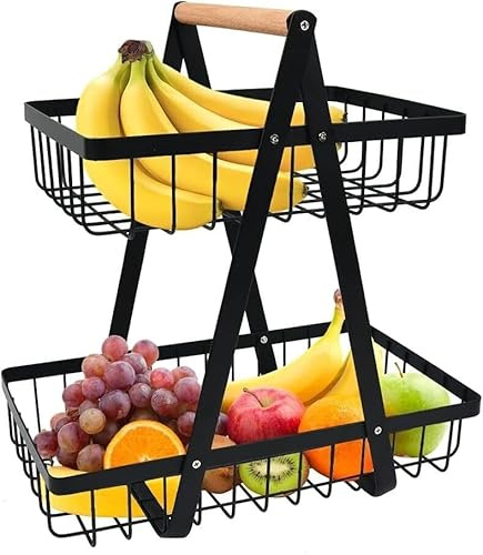 2-Tier Fruit Basket with Detachable Fruit Holder, Metal Countertop Fruit & Vegetable Organizer, Space-Saving Wire Storage Rack with Plate Storage for Kitchen, Pantry & Dining Table