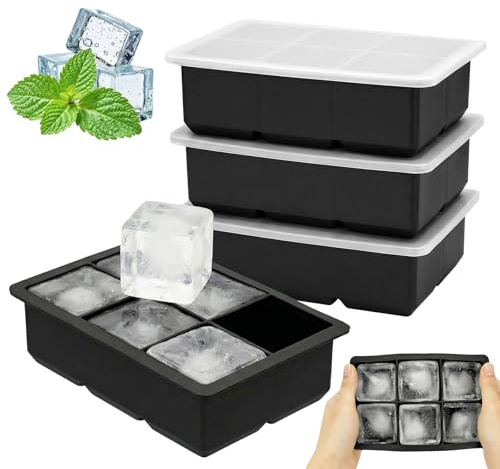 4 Pack 6 Square，Large Silicone Ice Cube Trays for Whiskey, Easy Release 2 inch Cube Ice Trays for Cocktail Whisky, Stackable Ice Cube Trays for Freezer with Leak Proof Removable Lid,Black