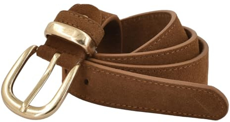 styleBREAKER Damen Echtleder Gürtel 3 cm | weiches Rindsleder Velours Optik | Edle Antik Gold Schnalle | Vintage Wildleder Look für Jeans & Kleider | Kürzbar, Farbe:Cognac, Größe:85cm