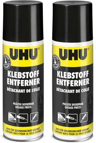 UHU Klebstoffentferner Spray Sprühdose, Super stark und effizient zum Entfernen von Klebstoff- und Farbrückständen, Ölflecken oder Fett, 200 ml (2er Pack)