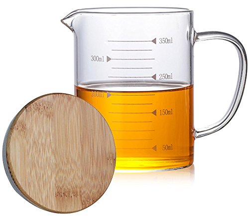 TAMUME 350ml Vaso de Vidrio para Hornear, con Tapa de Bambú, Jarra de Medir para la Cocina (350ml)