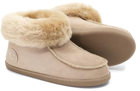 Vanuba Peppin Handmade Damen Hausschuhe, Naturleder, 100% Schafwolle, Warme und Bequeme Hausschuhe, Leder Beige/Beige, 39 EU