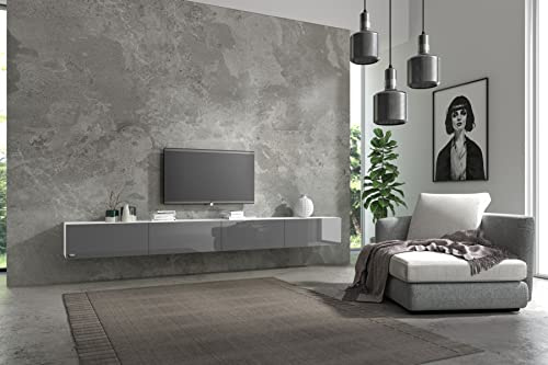 Wuun® TV Lowboard TV Board hängend I 100cm-280cm I Hängeschrank Wohnwand/Somero Weiß-Matt/Grau-Hochglanz I 280cm