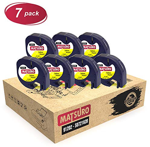 Matsuro Original | Kompatibel Kunststoff-Etiketten Schriftband Ersatz für DYMO LetraTag 91202 91222 S0721670 S0721620 Schwarz auf Gelb (12 mm x 4 m | 7-er PACK)