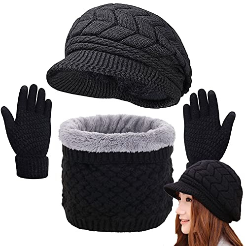 CheChury Damen Mütze Schal Kombiset Barett Beanie Handschuhe Strickset Weiche Warme Wintermütze mit Dick Fleecefutter Gestrickt Geschenkset für Frauen