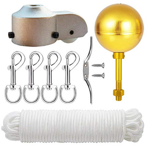 EKEV Flag Pole Repair Kits, 3 Topper Gold Ball + 50 Ft Halyard Rope + 6 Cleat Hook + 4 Flag Swivel Snap Hooks + Flagpole Pulley Truck for 2.5 OD Tube