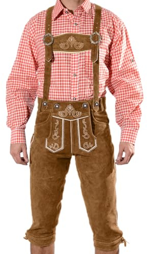 SYMPHONIE WESTERWALD Bayerische Herren Trachten Lederhose, Trachtenlederhose mit Trägern, Oktoberfest in Mittelbraun Größe 52