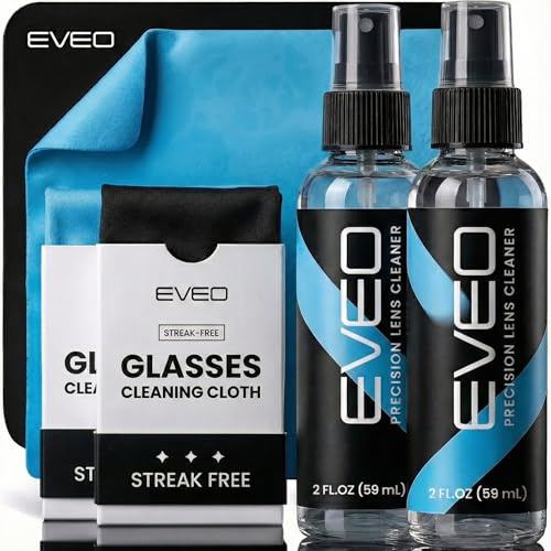 EVEO Glasses Cleaner Spray - Eyeglass Cleaner Lens Cleaner No Streaks Technology & Microfiber Cleaning Cloth - Glasses Cleaning Kit, Eye Glass Cleaners Spray - Screen & Eye Glasses Kit - 2 Pack