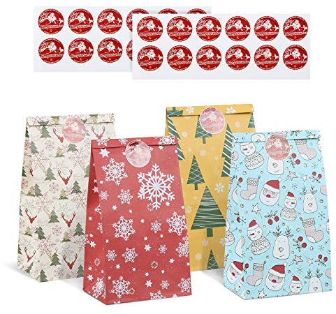 Kesote 24 Pcs Pochette Cadeau Noël, Sac Cadeau + 24 Autocollant pour Cadeaux, Bonbons, Biscuits, Pains, 21 x 12 x 8 cm