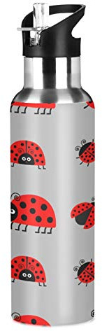 MNSRUU Trinkflasche mit Marienkäfer-Muster, isoliert für Mädchen und Jungen, Edelstahl-Wasserflasche mit Strohhalm, 590 ml