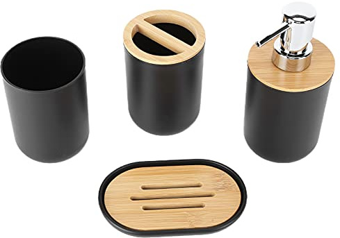 Juego de Accesorios de Baño de 4 Piezas, Bambú + Plástico, Incluye Soporte para Cepillo de Dientes, Jabonera, Botellas de Bomba Y Taza de Enjuague Bucal(Negro)