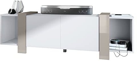 Vladon Lowboard Ida 149 x 45,5 x 34 cm TV-Board mit 4 Fächern und PTO-Türen, Made in Germany, Korpus in Weiß matt, Blenden in Sandgrau Hochglanz | Große Farbauswahl