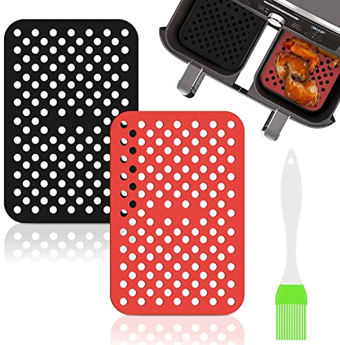 Air Fryer Liners Reusable 2pcs, Double Basket Silicone Air Fryer Liners Mat with Brush for Ninja for Dual for Ninja for Foodi Non-Stick Air Fryer Pads Baking Steaming Cooking Accessorie 7.8 x 5.24 in | with Brush for Ninja for Dual for Ninja for Foodi Non-Stick Air Fryer Pads Baking Steaming Cooking Accessorie 7.8 x 5.24 in