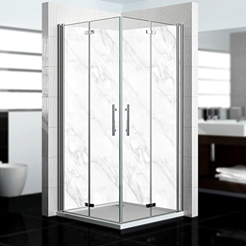 dedeco Eck-Duschrückwand wasserfest Motiv: Marmor V4, UV-Lack glänzend, 2 x 100x200 cm, Badrückwand zum Fliesenersatz, als Dekorwand, Wandverkleidung und Duschplatte aus Aluminium - Made in Germany