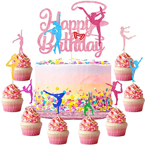Tarklanda 25 st gymnastik grattis på födelsedagen tårtdekorationer glitter gymnast flicka cupcake toppers färgglad silhuett för tema baby shower festtillbehör