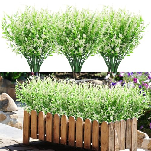 BINYI Künstliche Pflanzen Blumen UV Beständig Kunstblumen Im Topf Wie Echt 10 Bündel Fake Flowers Sträucher Deko Kunstblume Künstliche Balkonpflanzen Lavendel für Haus Tisch Garten Dekoration (Weiß)