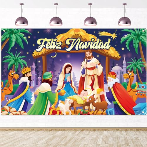 DPKOW Feliz Navidad Pancarta Decoración para Reyes Magos Belen Navidad, Niño Jesús Dios ha Nacido Pancarta de Fondo para Nacimiento Reyes Magos Decoración, 185 * 110cm