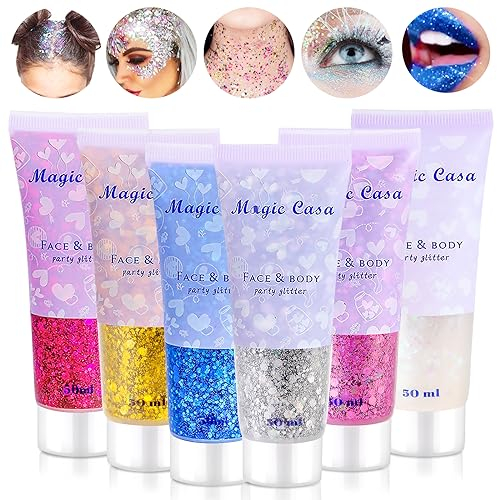6 Pièces Gel Paillettes Visage et Cheveux - Glitter Corps pour Maquillage Festival, Fête, Noël, Pâques, Théâtre, Carnaval