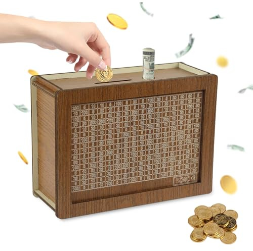 mumisuto Wooden Money Box with Counter, Reusable Wood Money Boxes Piggy Bank for Adults, Money Jar Saving Box with Erasable Pen, Cash Box for Adults Kid Helping Saving Money (5000)