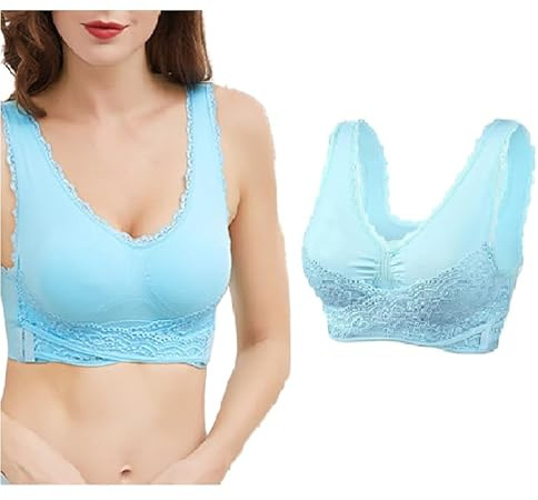 AWAVM BH för kvinnor, bekväm korsett BH fram korsett spänne spets BH, BLÅ, One Size-3XL