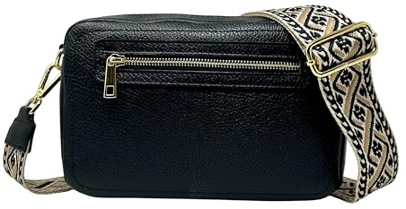 Borsa donna tracolla media borsa in pelle donna borsa donna tracolla due scomparti tracolla in pelle e tracolla fantasia removibili e intercambiabili Made in Italy Nero