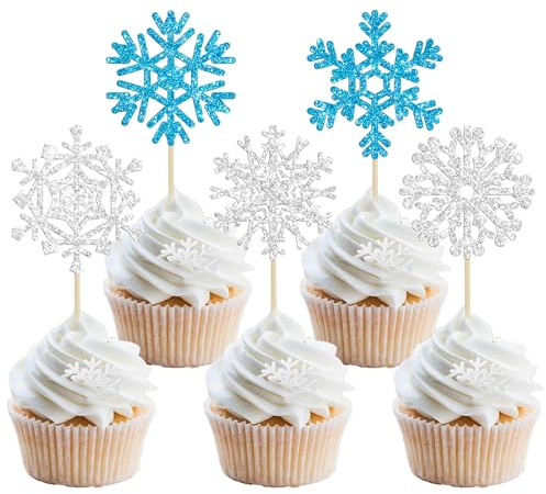 Gyufise 30Pcs Snowflake Cupcake Toppers Blue Silver Glitter Frozen Cupcake Picks Winter Wonderland Cake Decorations for Snowflake Winter Christmas Kids Birthday Party Supplies