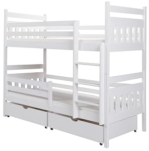 KEF Philipp Etagenbett Kinder 80x170 cm - Holz Kinderbett - für Zwei Kinder - Holzbett mit Schubladen - Massivholz Kinder Bett mit Lattenrost - Weiß - ohne Matratze - Leiter Universal