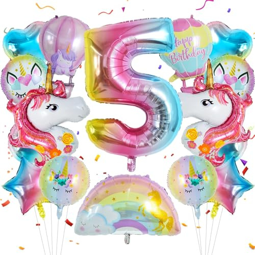 Einhorn Deko Kindergeburtstag 16 Stück Einhorn Luftballon Herzluftballons Geburtstagsdeko 5 Jahre Mädchen Regenbogen Luftballons Folienballon Stern für Einhorn Party，Geburtstagsfeier，Babypartys