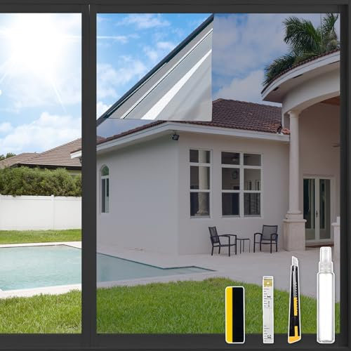 ConCus-T One Way Window Film UV Sun Blocking Heat Control Reflective Window Tint Static Cling Mirror Film Privacy Solar Film With Kits, Silver, 30x200cm