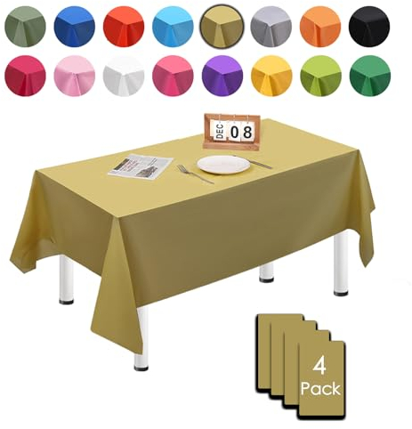 4 Pack Gold Table Cloths for Party,137x274cm Extra Large Rectangular Tablecloths,Solid Color TableCloth,Wipe Clean|Waterproof|Oilproof Table Cover for Parties,Daily Use,Outdoor Picnic,Weddings