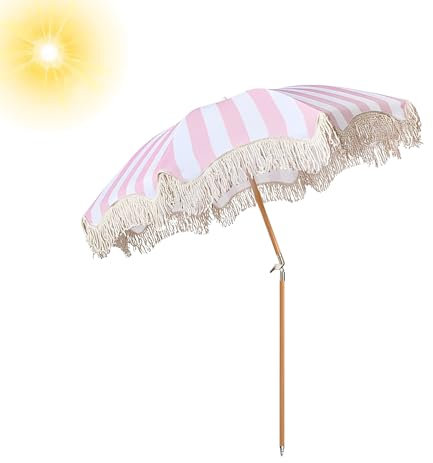 180cm Gartenschirm Groß Uv Schutz Sonnenschirm Tragbarer Mit Quasten Strandschirm Windfest Stabil Balkonschirm Neigbar Mit Tragetasche Für Garten Strand Outdoor/8 Rippen ( Color : Pink Stripe , Size :