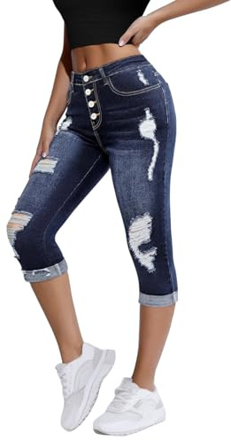 Onsoyours Capri Jeans Damen Sommer Caprihose 3/4 Jeans Caprihose Hohe Taille Denim Hose Kurze Skinny Ripped Jeanshose Caprijeans D Dunkelblau L