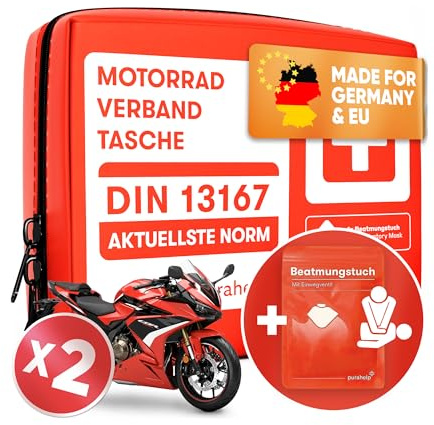 PURAHELP 2x Motorrad Verbandskasten nach aktueller Norm 2026 DIN 13167 | (StVO konform) - Inkl. Beatmungstuch - Motorrad Erste Hilfe Set 2026 Mini Klein
