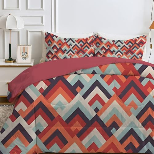 Qiwagu Bettdecke 135x200 4 Jahreszeiten, Wende Geometrie Steppdecke Waschbare, Bettdecke ohne Bezug Nutzbar, Leicht Weiche Schlafdecke 200GSM, Ganzjahresdecke Rot mit 1 Kissenbezug (ohne Kissen)