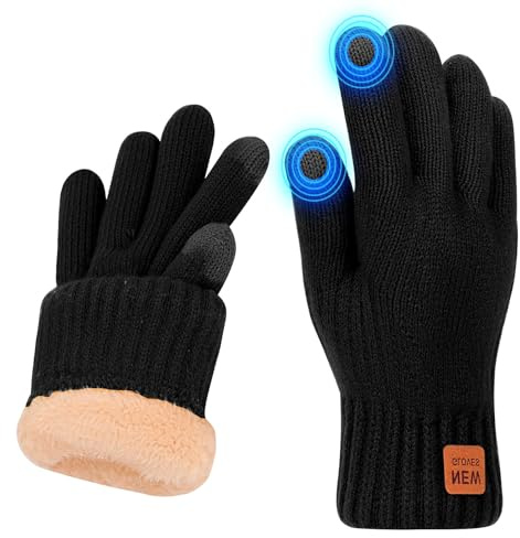 Risipu Gants d'hiver pour femmes Gants thermiques à écran tactile avec doublure en polaire Gant en tricot doux et chauds pour la course à pied et le ski (Noir, L)