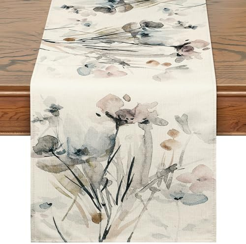 DEMIUKO Blumen Tischläufer Saisonnal Frühling Sommer Tisch Dekoration 32x240 cm Beige Table Runner Küche Esstisch Läufer Vintage Tisch Läufer für Schrank Innen Zuhause Party Hochzeit