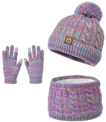 BESTORI Kinder Wintermütze Schal Handschuhe Set Warme Winter Beanie Hut | mit Pompom Fleece Innenfutter Strickmütze für Jungen Mädchen 4-10 Jahre