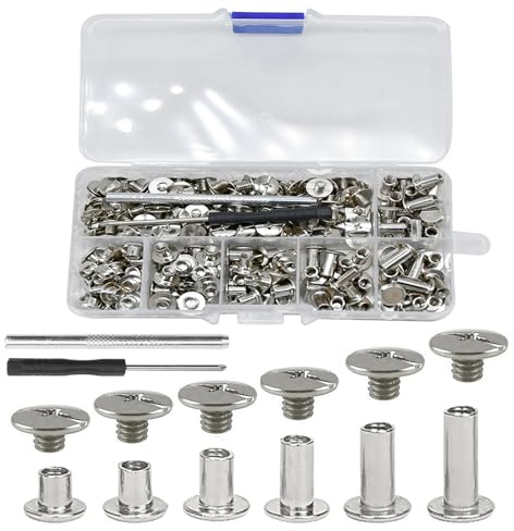 110 Set Silber Schraubnieten für Leder Set, M5 X 4/5/6/8/10/12mm, Chicago Schrauben, Gürtelschrauben Mit Montagewerkzeug, Schraubnieten Geeignet für DIY-Bücher, Scrapbooking, Leder, Kleidung Binden