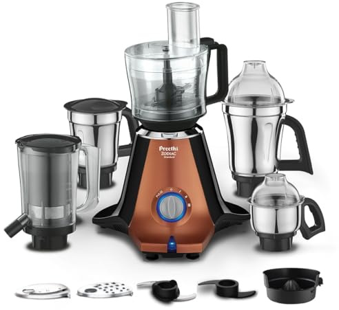 Preethi Zodiac Stardust Mixer Grinder for Kitchen, 5 Jars 750 Watt Mixie (3 Stainless steel Jars +1 Juicer Jar+1 Master Chef Plus Food processor Jar), Black/Copper (MG-265) (Copper/Black)