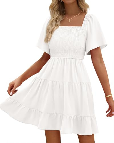 BTFBM Women's Summer Smocked Mini Dress 2026,White,L | Square Neck, Flutter Sleeve, Pockets, Lightweight, Ruffle Swing, Boho Beach Dresses, Baby Shower, Graduation, Travel Outfits