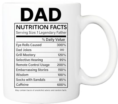 Pickhut Dad Nutrition Facts Mug - Funny Gift for Dad, Fathers Day, Birthday, Christmas - Novelty Coffee Mug from Daughter or Son - 11oz Ceramic Tea Cup for Men