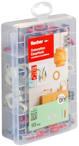 fischer easyDIY Box Dekoration EasyHook, montieren und justieren, 113-teiliges Set aus DuoPower Dübeln, Haken, Abdeckkappen und Schrauben, 6-8 mm Durchmesser, 30-40 mm Länge, für Heimwerker