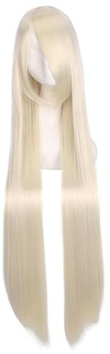 Namzi Echthaar-Perücke, gerade, mit Pony, hitzebeständig, bunt, für Cosplay, Kostüm, Party, Alltag, 100 cm, Weiß und Blond