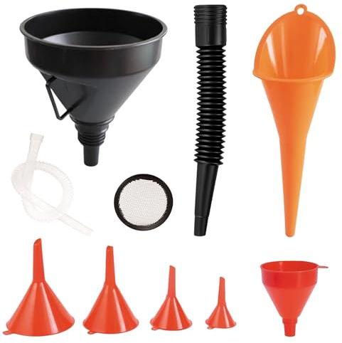 Universal Fuel Funnel Set, 7Pcs Funnel for Car, Universal Car Gasoline Fuel Petrol Engine Funnels with Detachable Spout and Long Funnels for Motorcycle Car Automotive