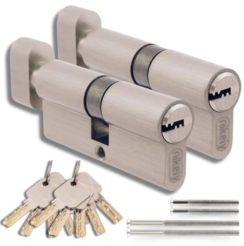 Set di 2 Cilindri con Pomello in Ottone 35/35mm con Chiave Unica, 10 Chiavi Incluse, 4 Viti, Serrature Universali per Porte e Garage, Lunghezza 70mm, Montaggio Facile