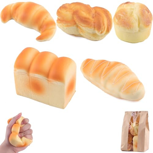Anboor 5 Stück Brot-Squishy-Spielzeug, Künstliches Toastbrot, Croissant, Baguette, Challa, Butterbrot, Duftend, Weich, Langsam aufgehendes Spielzeug, Essen, Rollenspiel-Requisite, Küche, Kinder