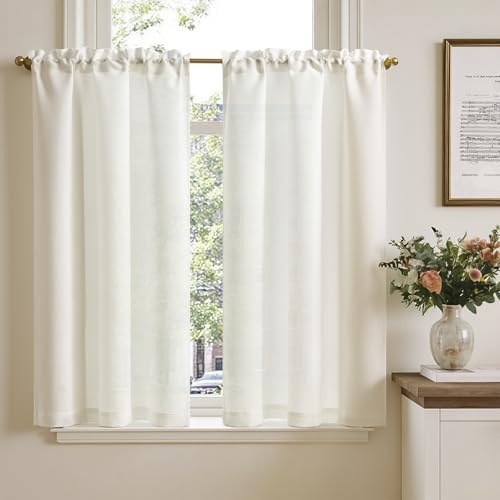 TOPICK Bistrogardin uppsättning av 2 fönstergardiner, 115 x 65 B cm vitt linneutseende fönstergardin gardin modern gasväv halsdukar fönstergardiner ljusgenomsläpplig fönstergardin kök vardagsrum