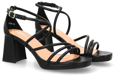 shoes&blues.es 95328 Sandalia de Tacon con Diseno de Tiras Finas y Talon Cerrado. Comodos con Plataforma, Ideal para Ocasiones Especiales. Negro Talla 39
