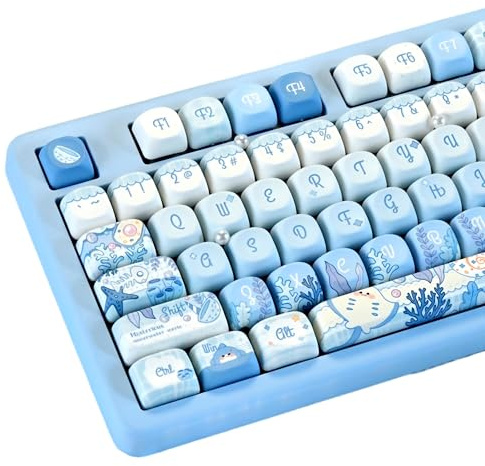 GEKUCAP PBT Blue Cute Keycaps, Anime Ocean Theme Keyboard Keycaps | Dye-Sublimation MOA Profile Keycaps Set 130 Keys for 75% TKL US Layout Cherry MX Switches Mechanical Keyboard