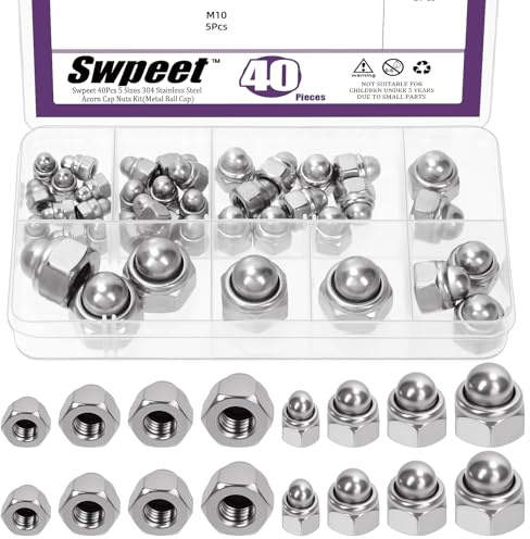 Swpeet 40Pcs 5 Sizes M4 M5 M6 M8 M10 304 Stainless Steel Metric Acorn Cap Nuts Assortment Kit, Serrated Hex Dome Cap Nut, Self-Locking Dome Head Hex Nuts for Furniture Automotive Hardware